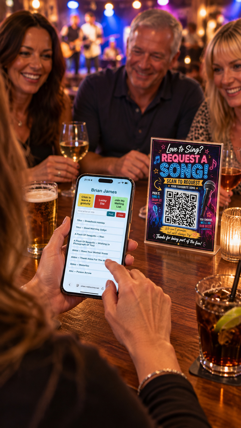 Audience member scanning a Helios song request QR code at a live show