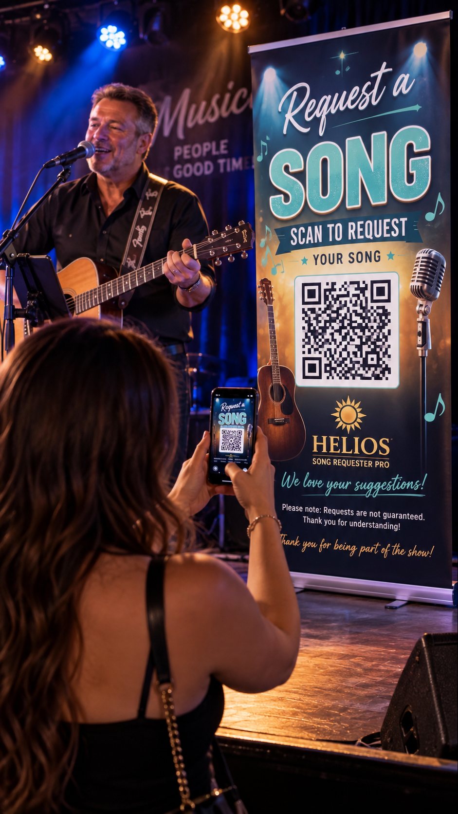 Live singer performing beside a Helios song request QR display while an audience member scans it