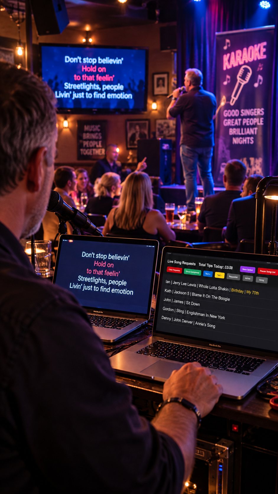 Performer managing live song requests while entertaining an audience